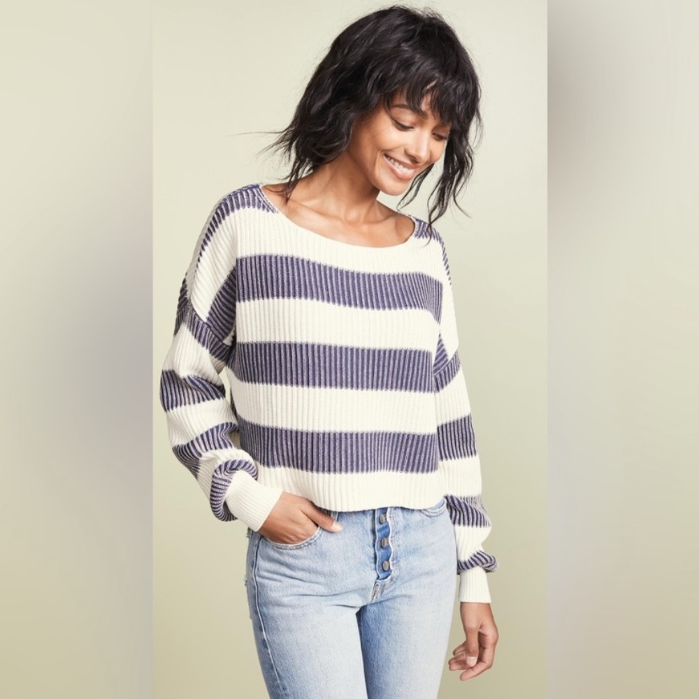NWT Free People Cropped Navy Striped 100% Cotton Sweater XS